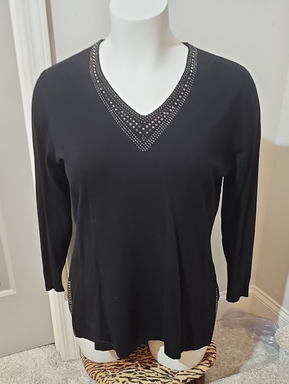 Adrienne Vittadini Black V-Neck Long Sleeve Top with Rhinestone Detail